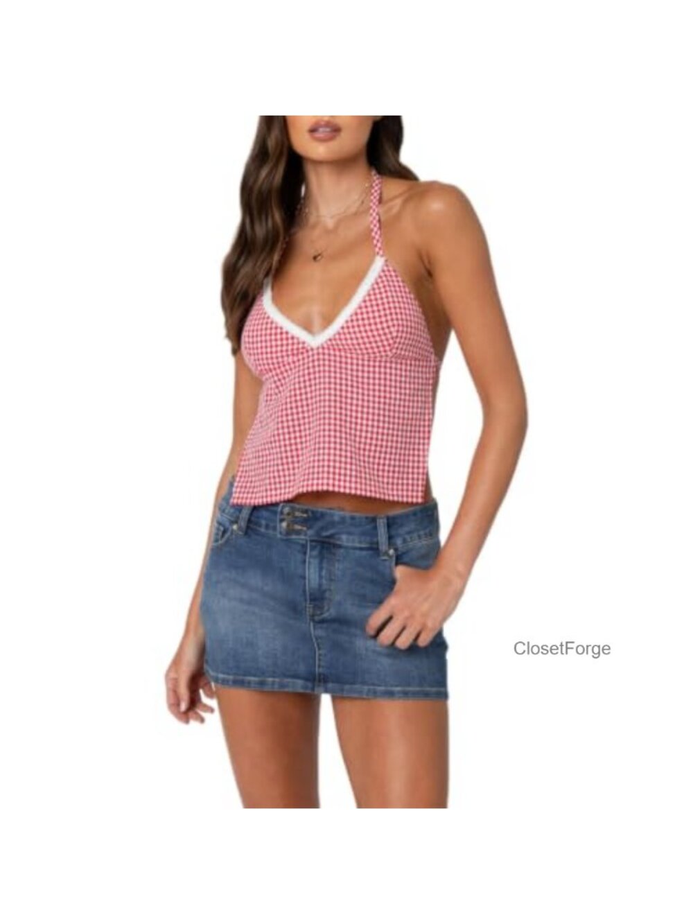 Women Gingham Halter Backless Cami Tank Top Sleeveless Slim Fit Polyester